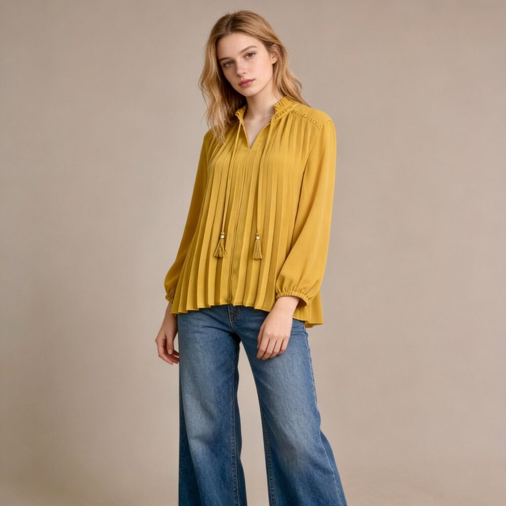 NWOT John Mark Pleated Tassel Tie Front Long Sleeve Embroidered Blouse Size S